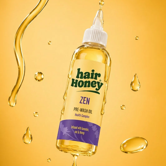 Close-up of Zen Pre-Wash Oil for Dull, Frizzy Hair Treatment showing the oil's texture and color in a small dish.