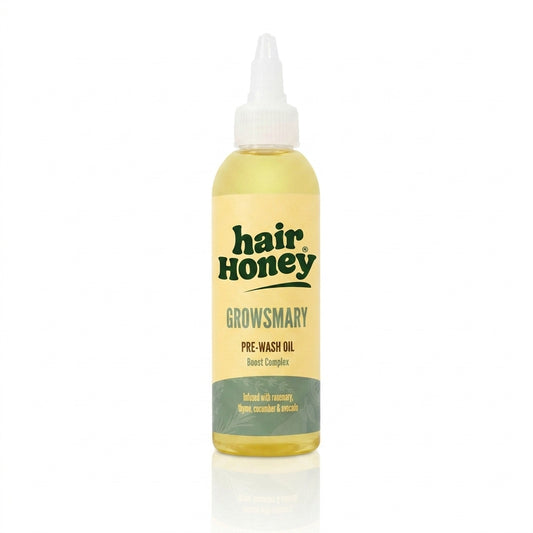 GROWSMARY Pre-Wash Treatment for Thinning Hair in a stylish bottle on a wooden surface.