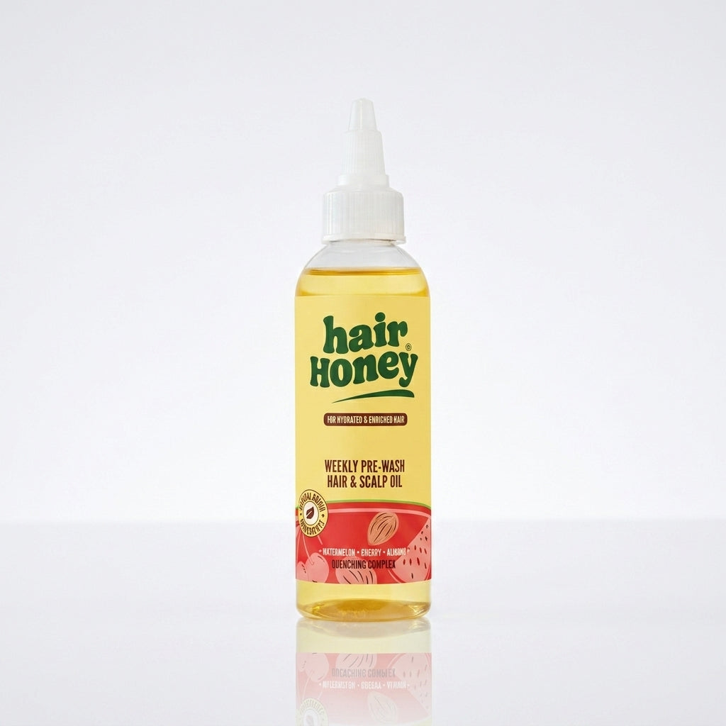 Hair Syrup Watermelon Oil - Pre-Wash Treatment for Dry Hair in a stylish bottle on a wooden surface.