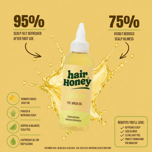 Close-up of Lemon Aid Pre-Wash Treatment for Oily Hair with fresh lemons and greenery in the background.