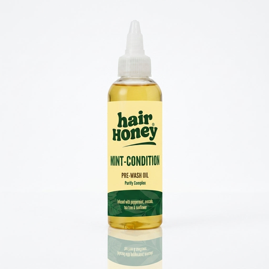 Mint Condition Scalp Oil for Flaky, Itchy Scalp Relief in a glass bottle on a wooden surface.