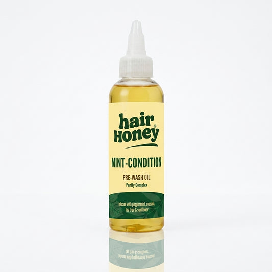 Mint Condition Scalp Oil for Flaky, Itchy Scalp Relief in a glass bottle on a wooden surface.