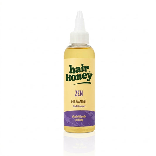 Zen Pre-Wash Oil for Dull, Frizzy Hair Treatment in a glass bottle with a dropper on a wooden surface.