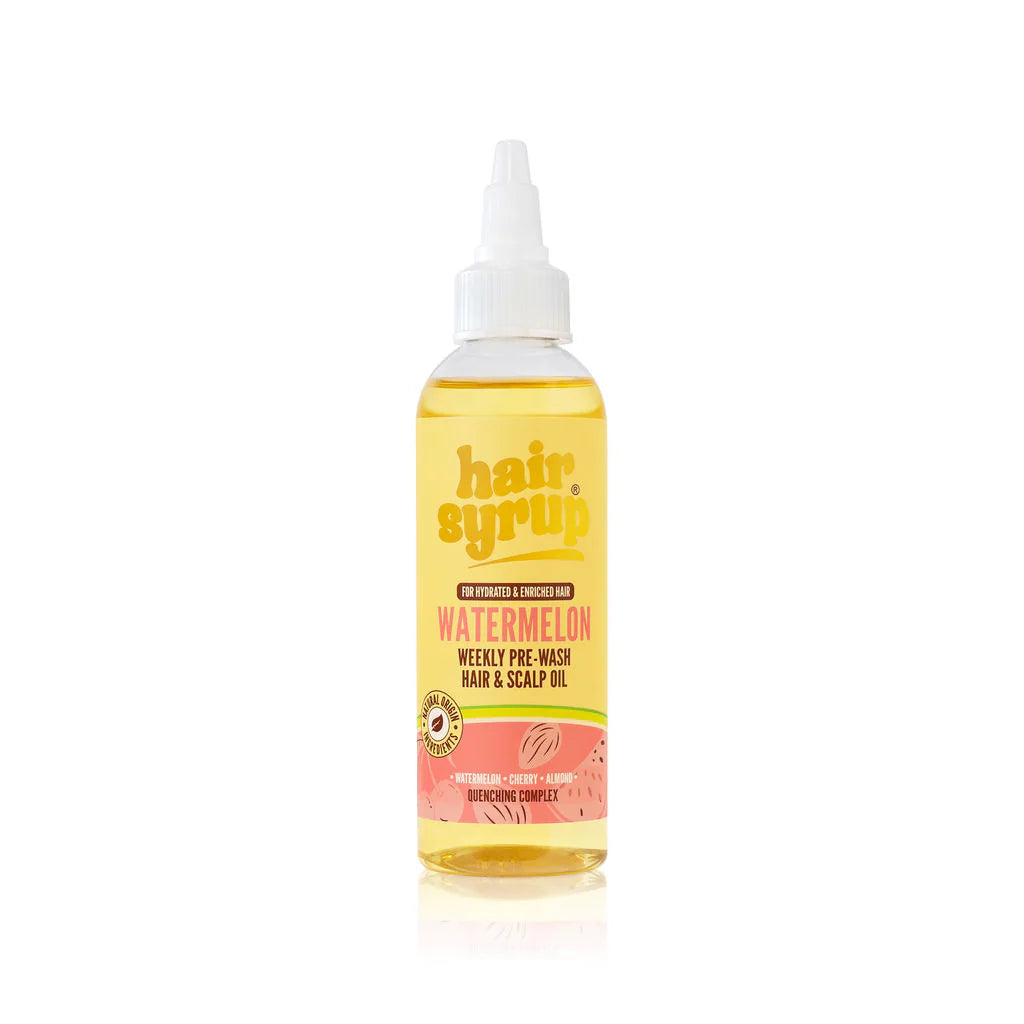 Watermelon Oil Hair Syrup - Rosemary & Thyme Infused in a stylish bottle on a wooden surface.
